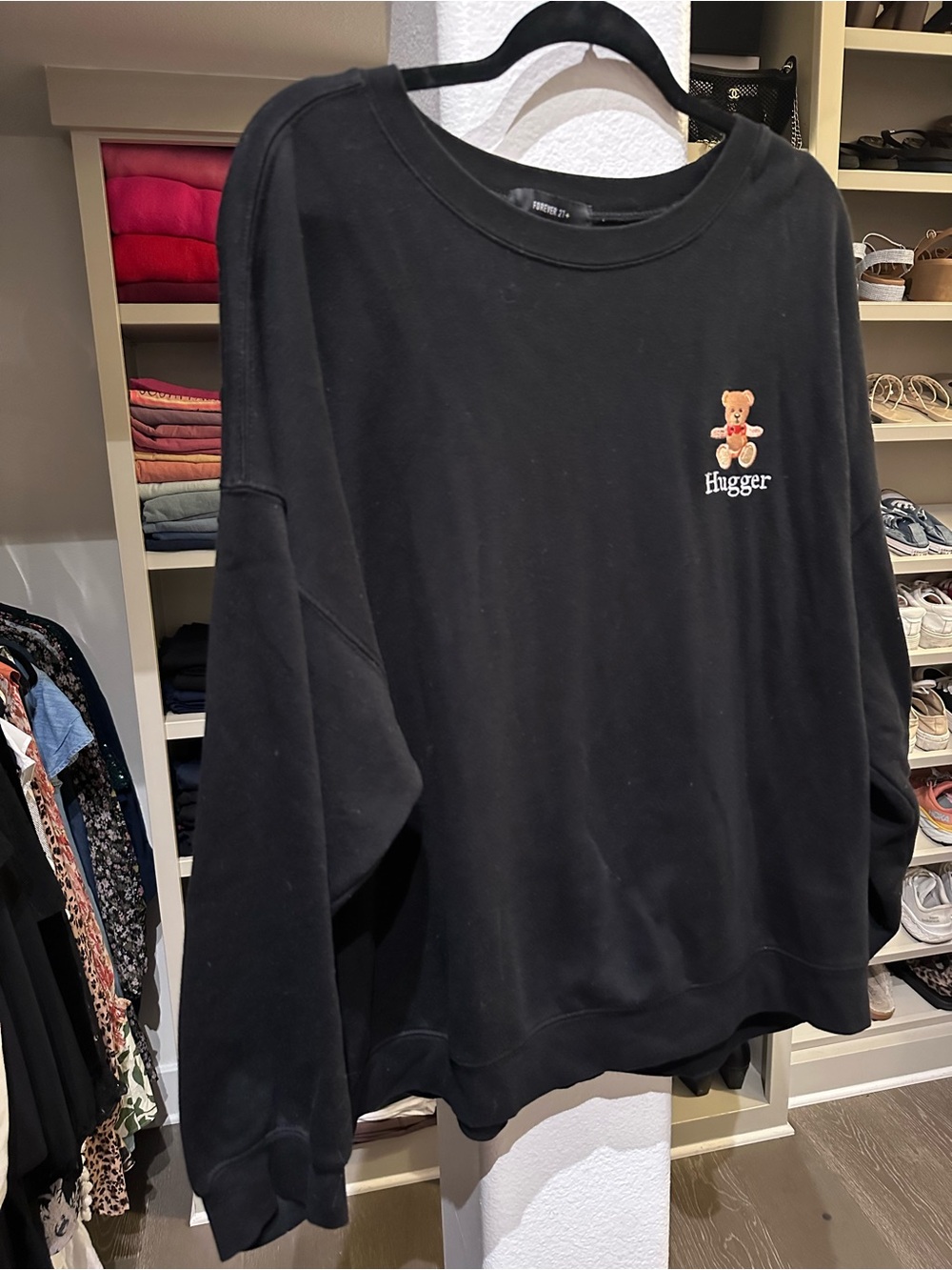 Women’s Black Teddy Graphic Crew Neck Sweater - “Hugger” Embroidery